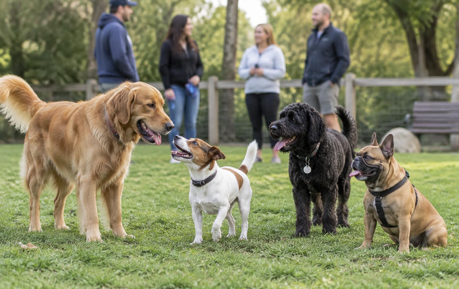 Two dogs greeting each other happily at a bright, green neighborhood park